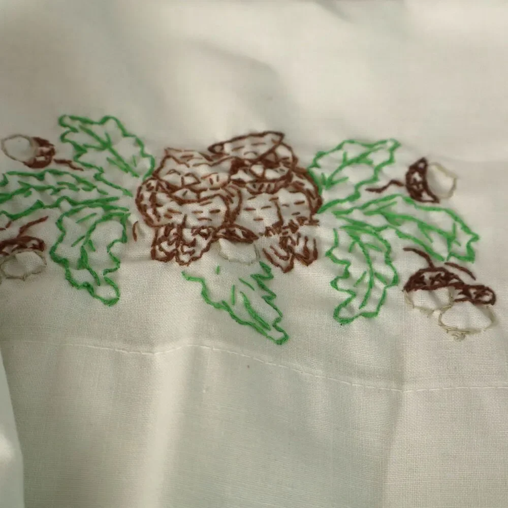Vintage Hand Embroidered Owls and Acorns Cross Stitch Tube Pillow Cases 26x19
